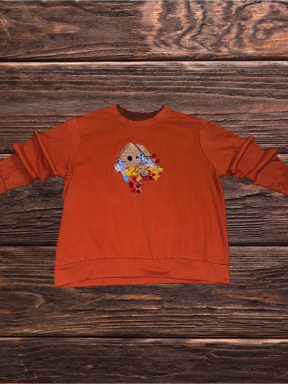 Anthony Richards women’s vintage blue bird embroidered orange sweatshirt